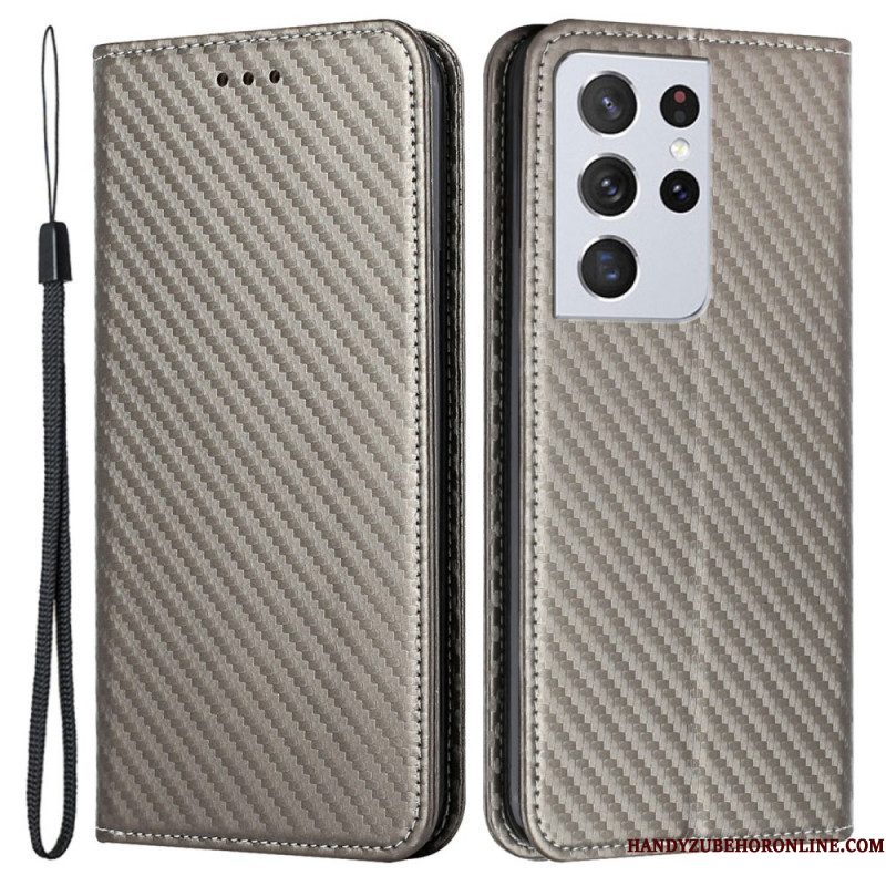 Bescherming Hoesje voor Samsung Galaxy S21 Ultra 5G Met Ketting Folio-hoesje Band Van Koolstofvezel