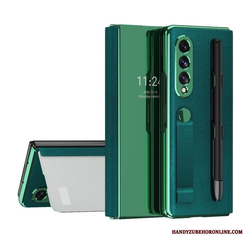 Bescherming Hoesje voor Samsung Galaxy Z Fold 3 5G Folio-hoesje Spiegel Pennenhouder En Riem