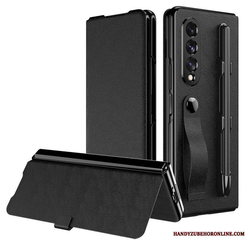 Bescherming Hoesje voor Samsung Galaxy Z Fold 3 5G Folio-hoesje Stijl Litchi Lederen Stylushouder En Riem