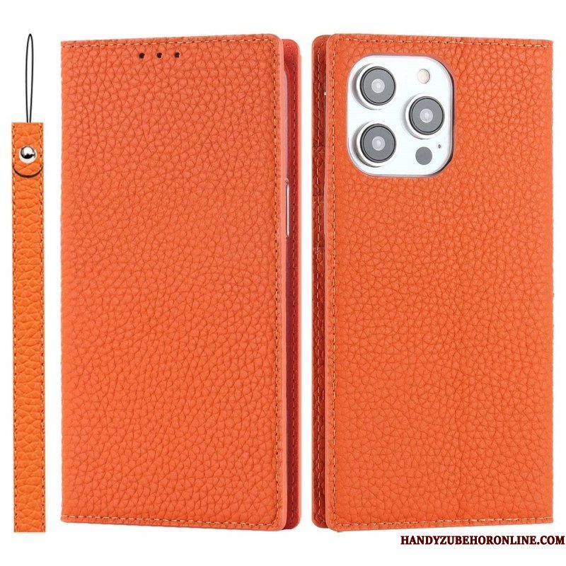 Bescherming Hoesje voor iPhone 14 Pro Max Met Ketting Folio-hoesje Echte Litchi Lederen Band