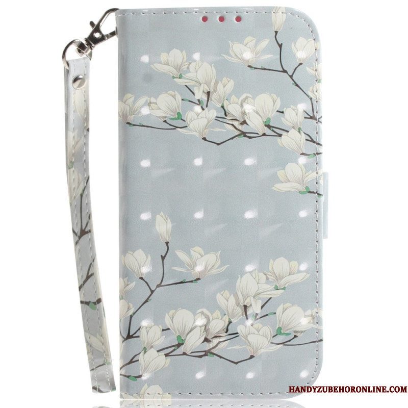 Folio-hoesje voor Moto G73 5G Met Ketting Witte Bloemen Met Bandjes