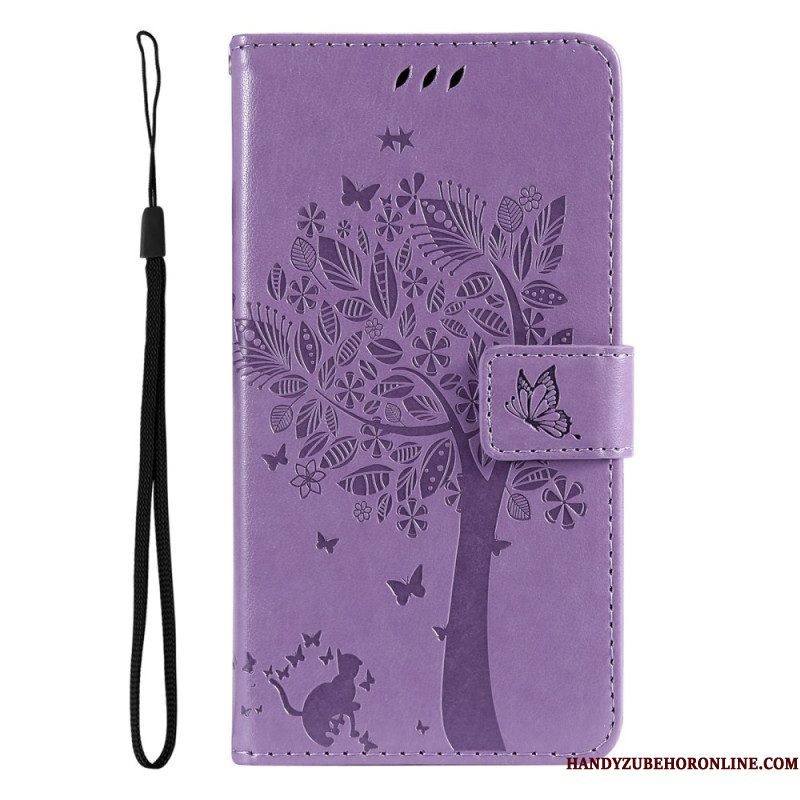 Folio-hoesje voor Samsung Galaxy A14 / A14 5G Met Ketting Boom En Strappy Cat
