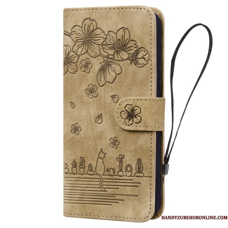 Folio-hoesje voor Samsung Galaxy A54 5G Met Ketting Bloemen String Kat