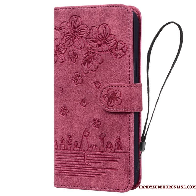 Folio-hoesje voor Samsung Galaxy A54 5G Met Ketting Bloemen String Kat