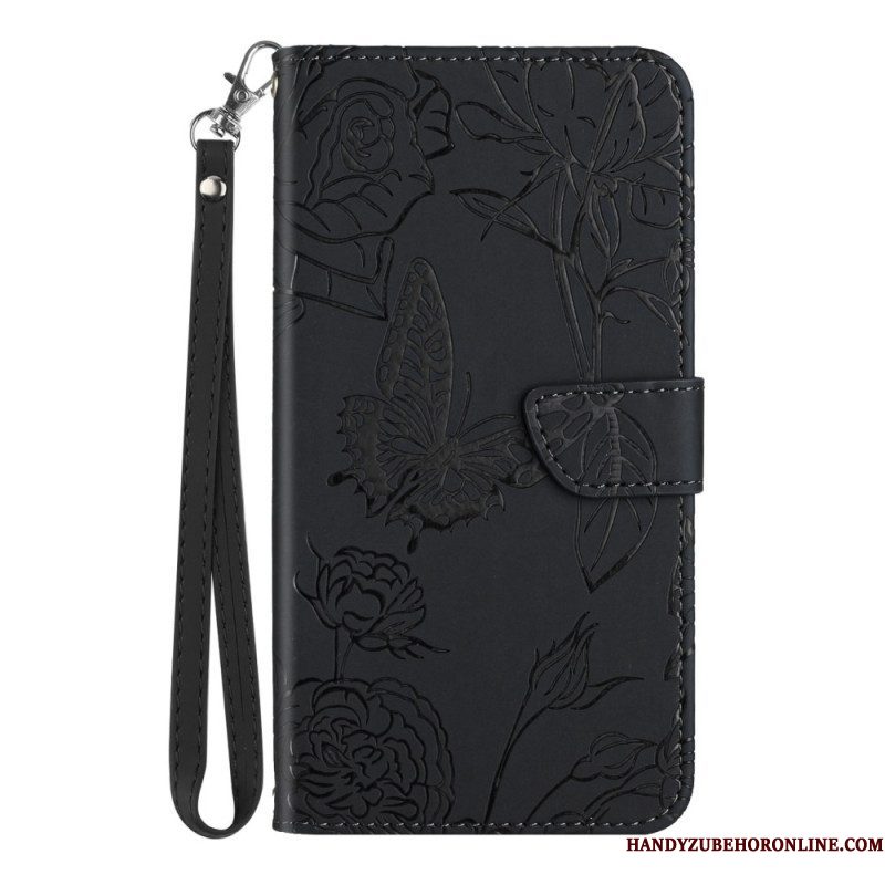 Folio-hoesje voor Samsung Galaxy M13 Discrete Vlinders En Lanyard