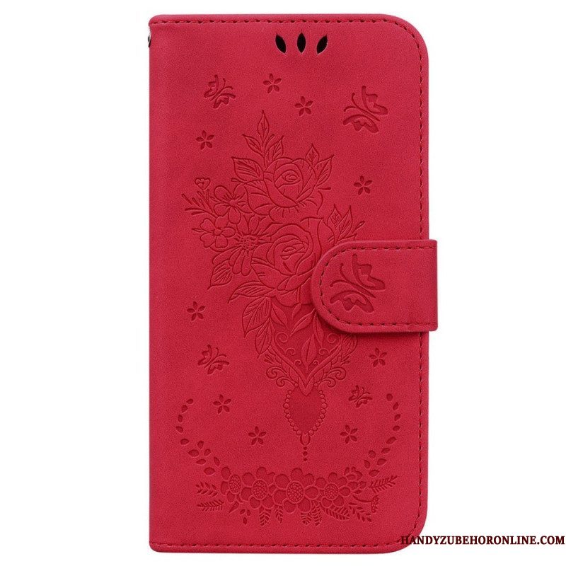 Folio-hoesje voor Samsung Galaxy M13 Met Ketting Strappy Rozen En Vlinders