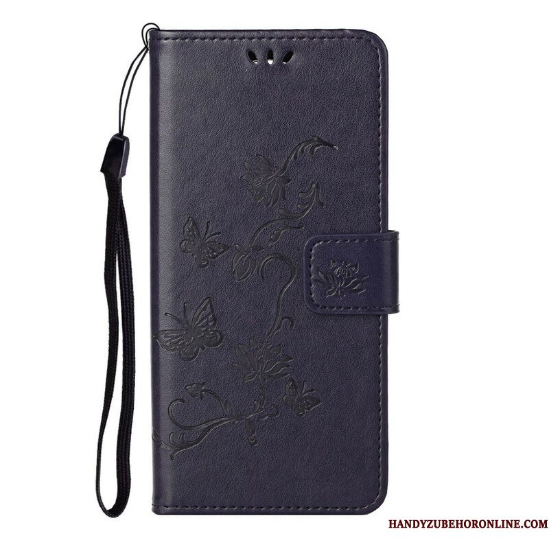 Folio-hoesje voor Samsung Galaxy S21 5G Met Ketting String Vlinders En Bloemen