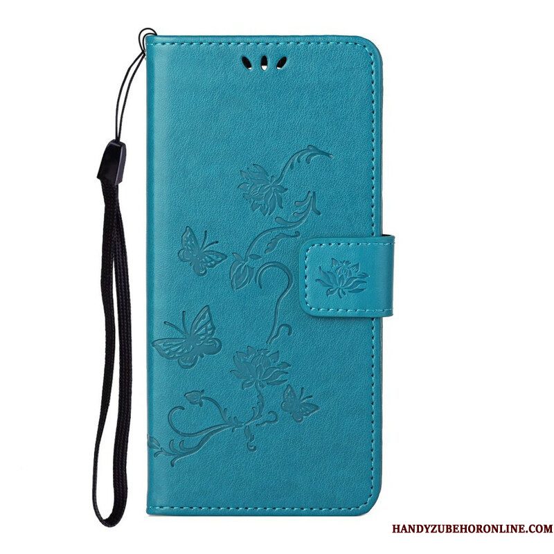 Folio-hoesje voor Samsung Galaxy S21 5G Met Ketting String Vlinders En Bloemen