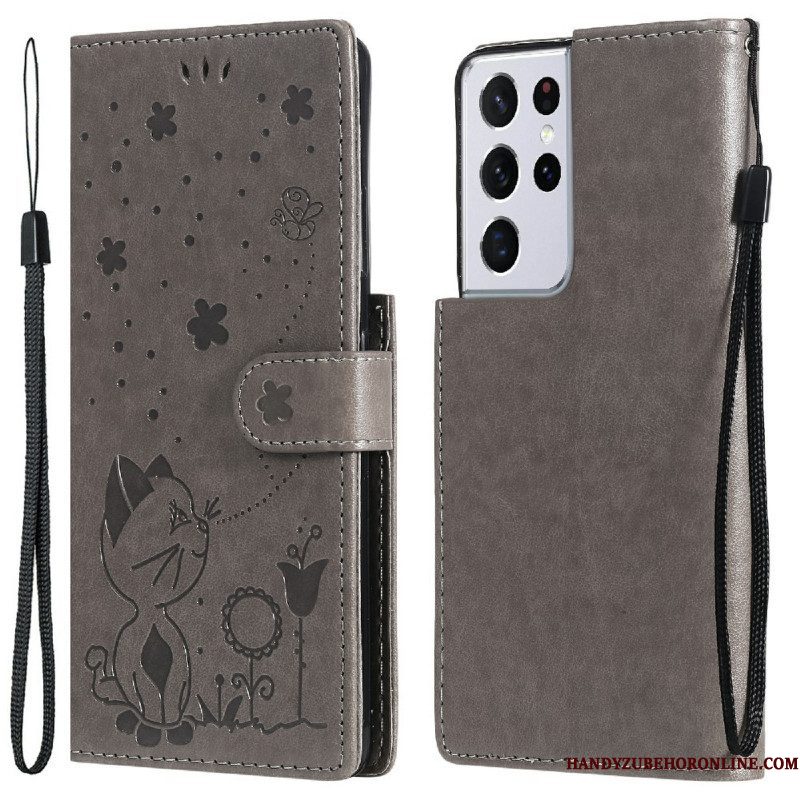 Folio-hoesje voor Samsung Galaxy S21 Ultra 5G Met Ketting Kat En Bij Met Lanyard