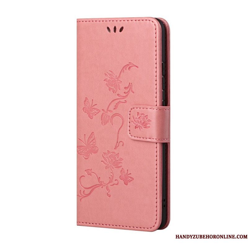 Folio-hoesje voor Samsung Galaxy S22 Plus 5G Met Ketting String Vlinders En Bloemen