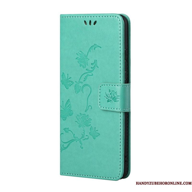 Folio-hoesje voor Samsung Galaxy S22 Plus 5G Met Ketting String Vlinders En Bloemen