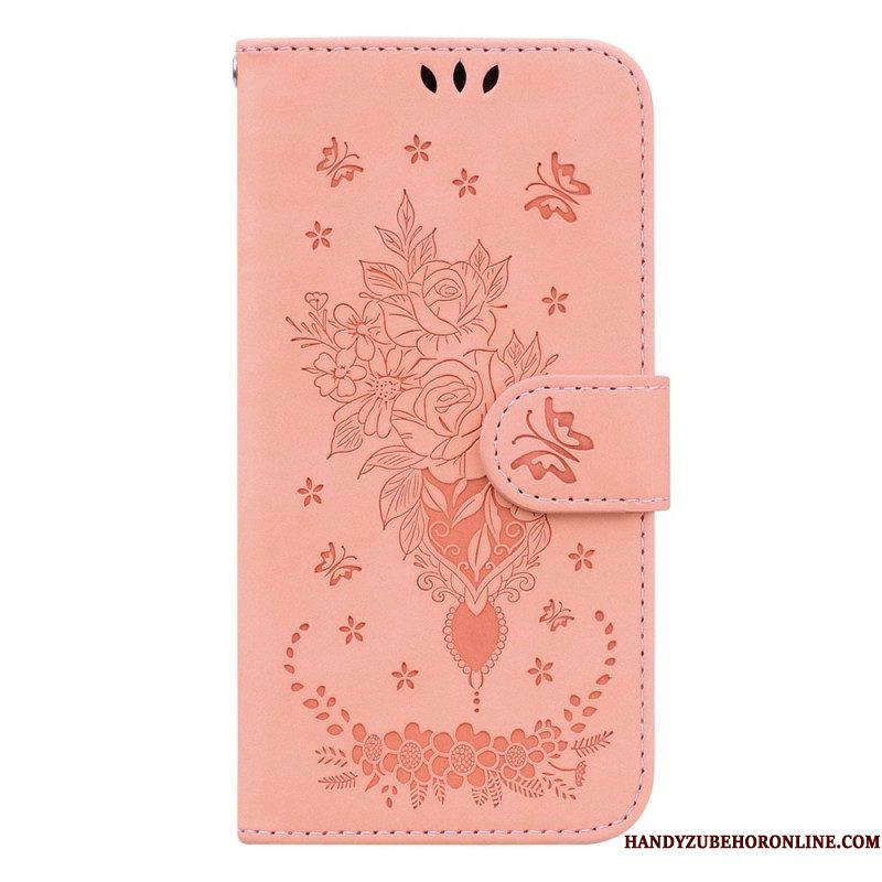 Folio-hoesje voor Samsung Galaxy S23 Plus 5G Met Ketting Strappy Rozen En Vlinders