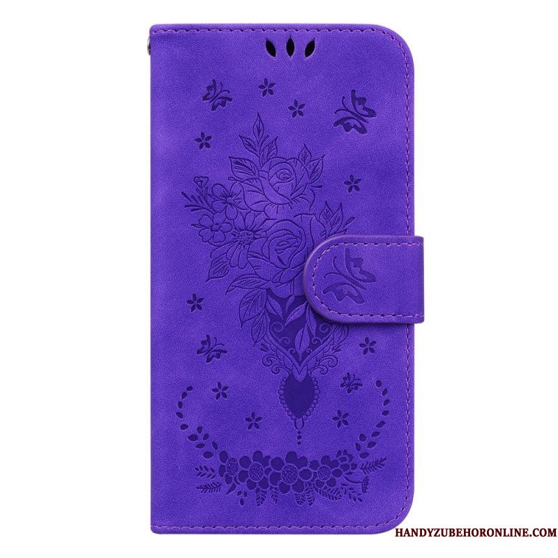 Folio-hoesje voor Samsung Galaxy S23 Plus 5G Met Ketting Strappy Rozen En Vlinders