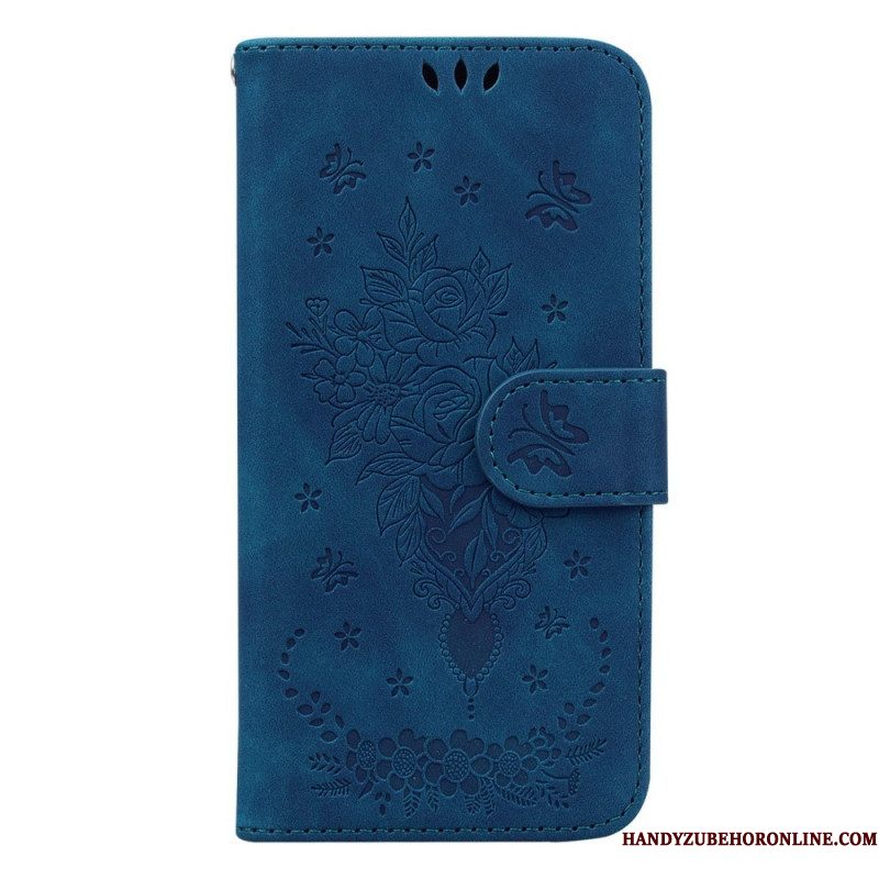 Folio-hoesje voor Samsung Galaxy S23 Plus 5G Met Ketting Strappy Rozen En Vlinders