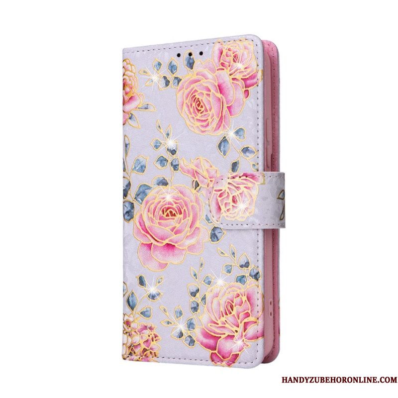 Folio-hoesje voor Samsung Galaxy S23 Plus 5G Rfid-bloemen Met Sleutelkoord