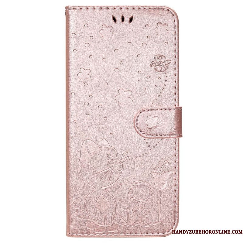 Folio-hoesje voor Samsung Galaxy S23 Ultra 5G Met Ketting Strappy Kat En Bijen