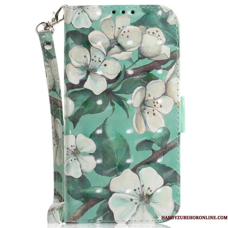 Folio-hoesje voor Samsung Galaxy S23 Ultra 5G Met Ketting Witte Bloemen Met Bandjes