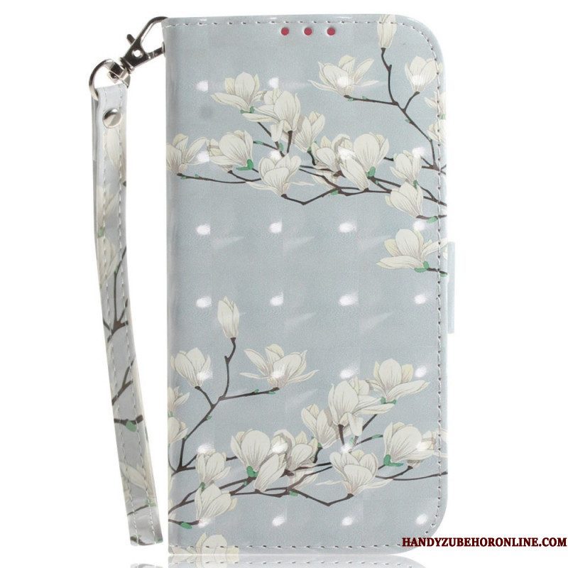 Folio-hoesje voor Sony Xperia 1 IV Met Ketting Witte Bloemen Met Bandjes