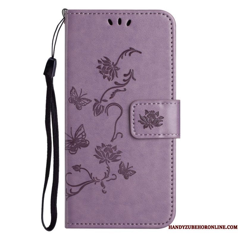 Folio-hoesje voor Xiaomi Redmi Note 12 4G Met Ketting Bloemen En Vlinders Met Riem