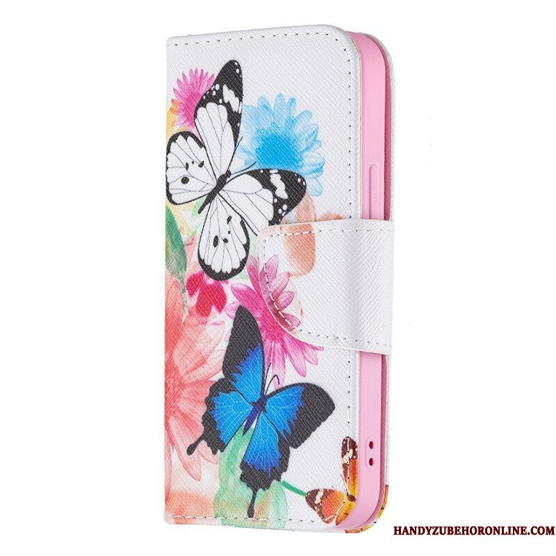 Folio-hoesje voor iPhone 13 Mini Geschilderde Vlinders En Bloemen