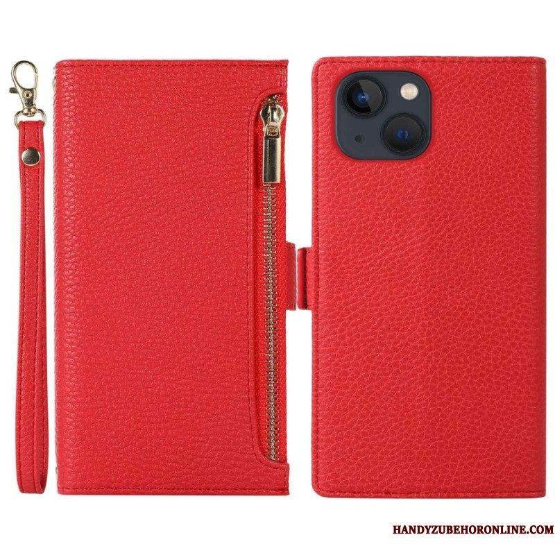 Folio-hoesje voor iPhone 14 Plus Met Ketting Litchi Leer Met Riem En Ritssluiting