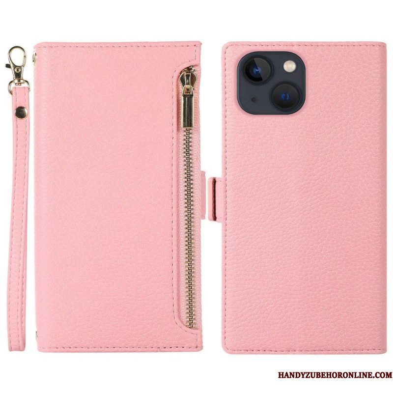 Folio-hoesje voor iPhone 14 Plus Met Ketting Litchi Leer Met Riem En Ritssluiting