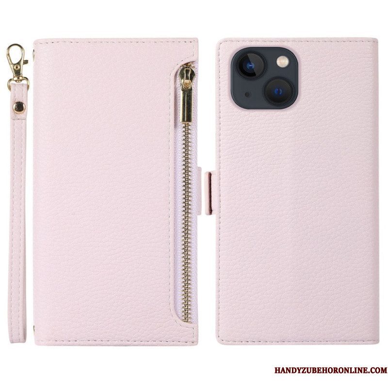 Folio-hoesje voor iPhone 14 Plus Met Ketting Litchi Leer Met Riem En Ritssluiting