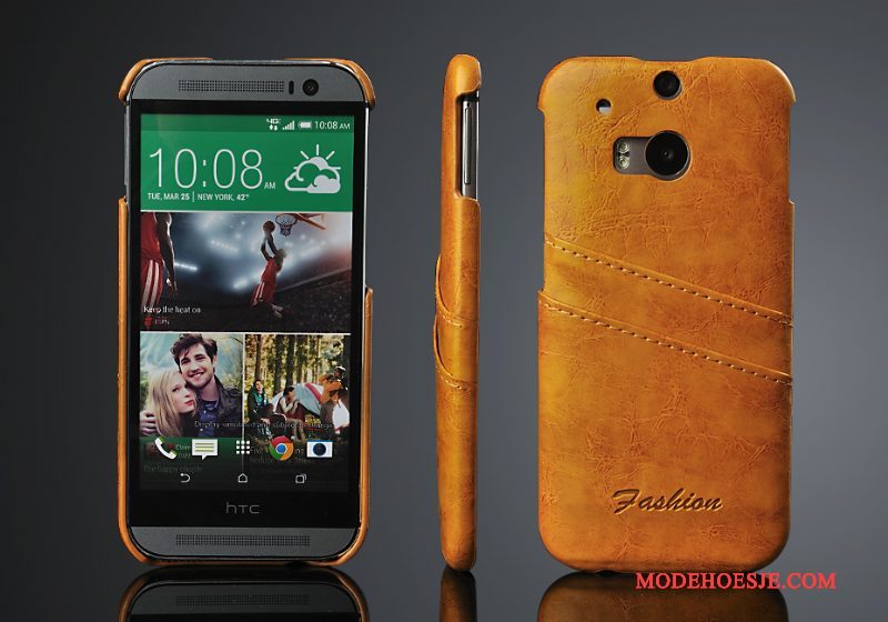 Hoesje Htc One M8 Leer Kaarttelefoon, Hoes Htc One M8 Bescherming Achterklep Rood