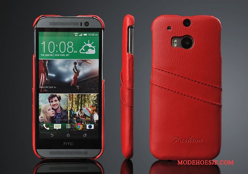 Hoesje Htc One M8 Leer Kaarttelefoon, Hoes Htc One M8 Bescherming Achterklep Rood