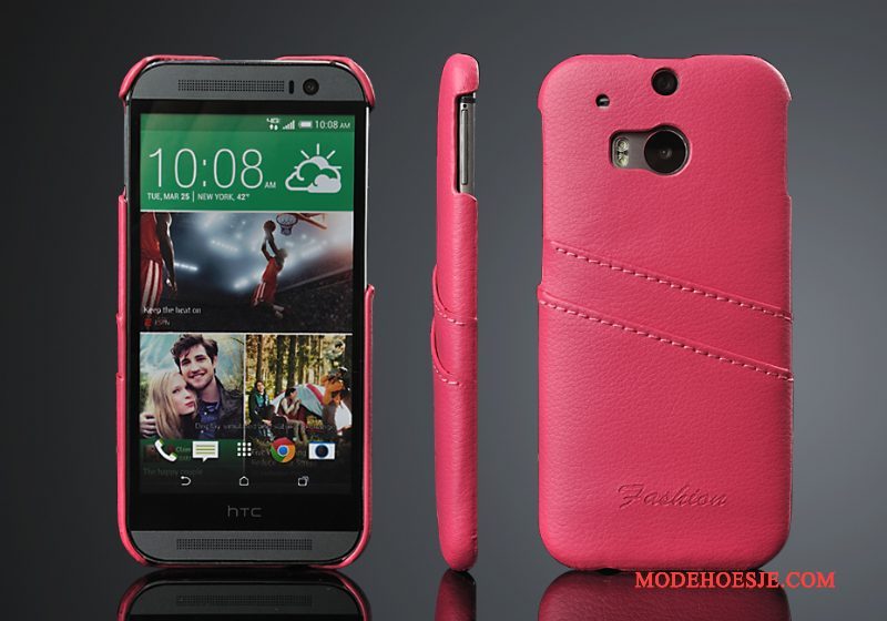 Hoesje Htc One M8 Leer Kaarttelefoon, Hoes Htc One M8 Bescherming Achterklep Rood