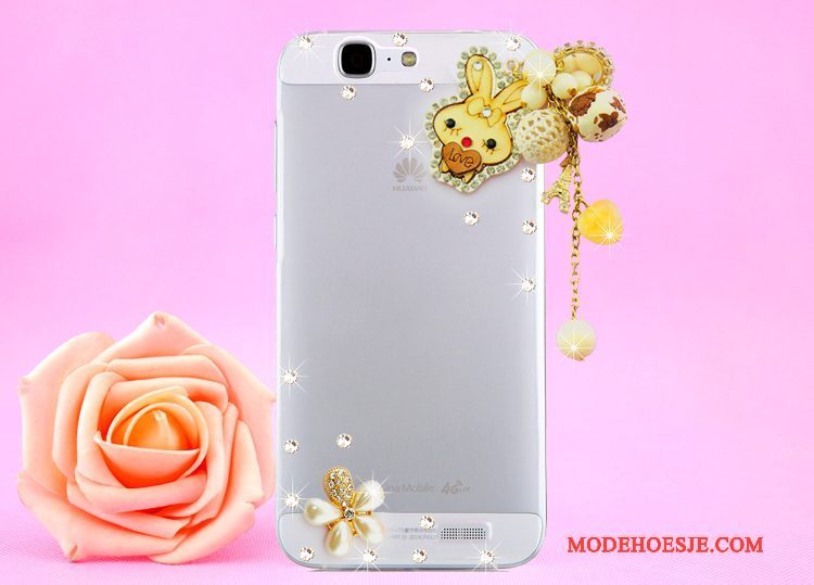 Hoesje Huawei Ascend G7 Strass Opknoping Nek Doorzichtig, Hoes Huawei Ascend G7 Bescherming Goudtelefoon