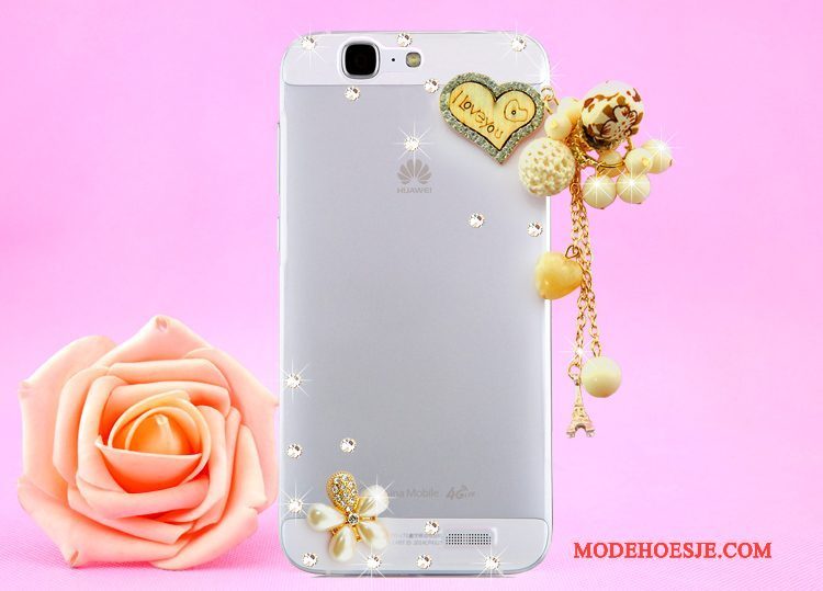 Hoesje Huawei Ascend G7 Strass Opknoping Nek Doorzichtig, Hoes Huawei Ascend G7 Bescherming Goudtelefoon