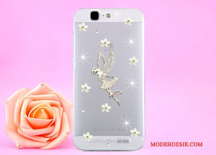 Hoesje Huawei Ascend G7 Strass Opknoping Nek Doorzichtig, Hoes Huawei Ascend G7 Bescherming Goudtelefoon