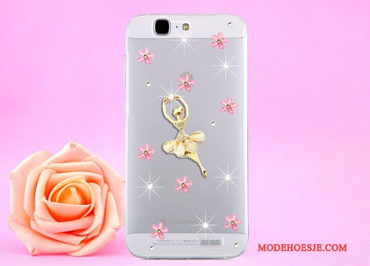 Hoesje Huawei Ascend G7 Strass Opknoping Nek Doorzichtig, Hoes Huawei Ascend G7 Bescherming Goudtelefoon