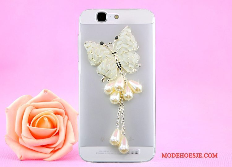 Hoesje Huawei Ascend G7 Strass Opknoping Nek Doorzichtig, Hoes Huawei Ascend G7 Bescherming Goudtelefoon