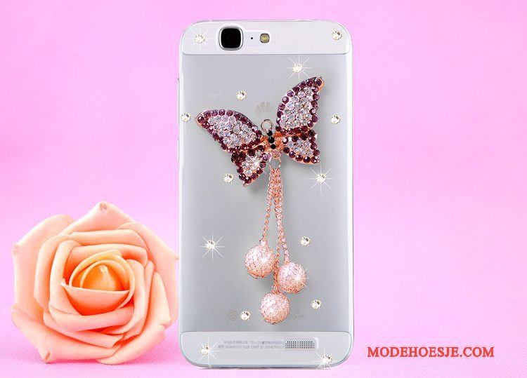 Hoesje Huawei Ascend G7 Strass Opknoping Nek Doorzichtig, Hoes Huawei Ascend G7 Bescherming Goudtelefoon