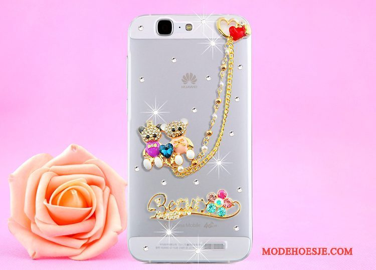 Hoesje Huawei Ascend G7 Strass Opknoping Nek Doorzichtig, Hoes Huawei Ascend G7 Bescherming Goudtelefoon