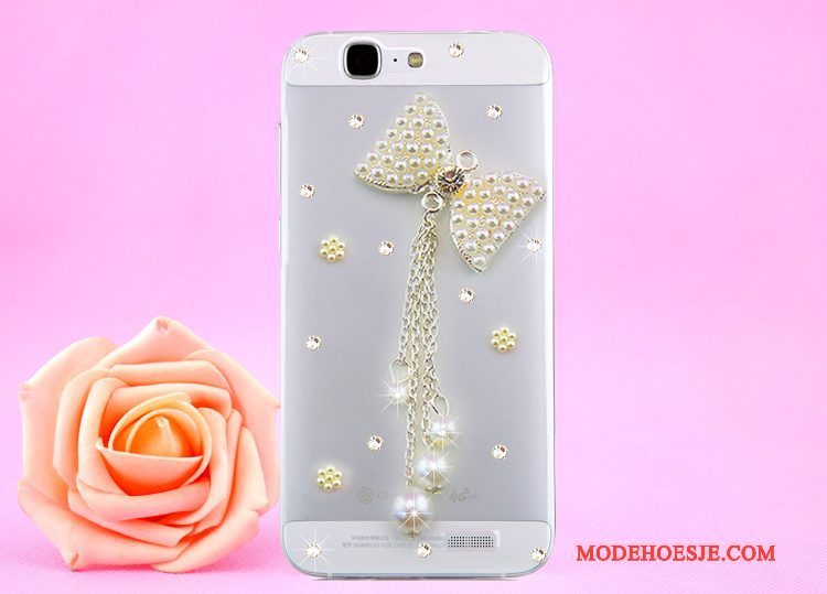 Hoesje Huawei Ascend G7 Strass Opknoping Nek Doorzichtig, Hoes Huawei Ascend G7 Bescherming Goudtelefoon