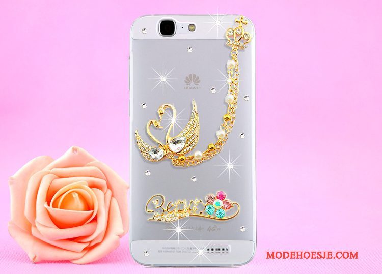 Hoesje Huawei Ascend G7 Strass Opknoping Nek Doorzichtig, Hoes Huawei Ascend G7 Bescherming Goudtelefoon