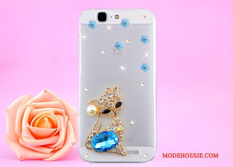 Hoesje Huawei Ascend G7 Strass Opknoping Nek Doorzichtig, Hoes Huawei Ascend G7 Bescherming Goudtelefoon