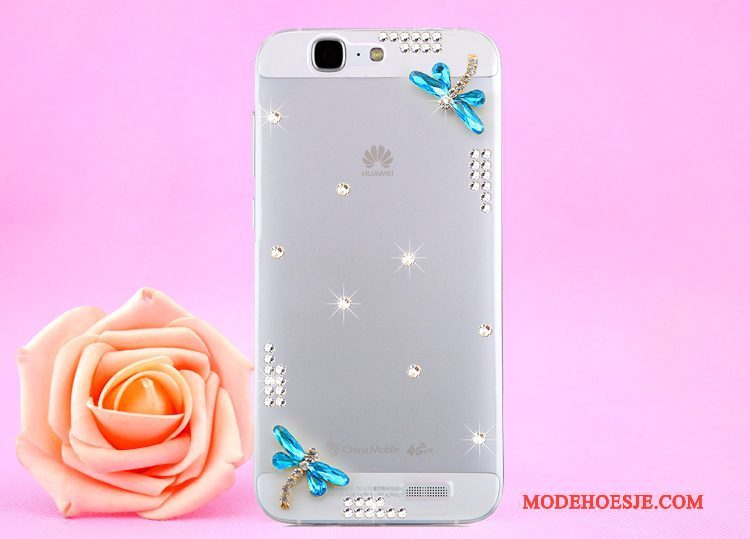 Hoesje Huawei Ascend G7 Strass Opknoping Nek Doorzichtig, Hoes Huawei Ascend G7 Bescherming Goudtelefoon