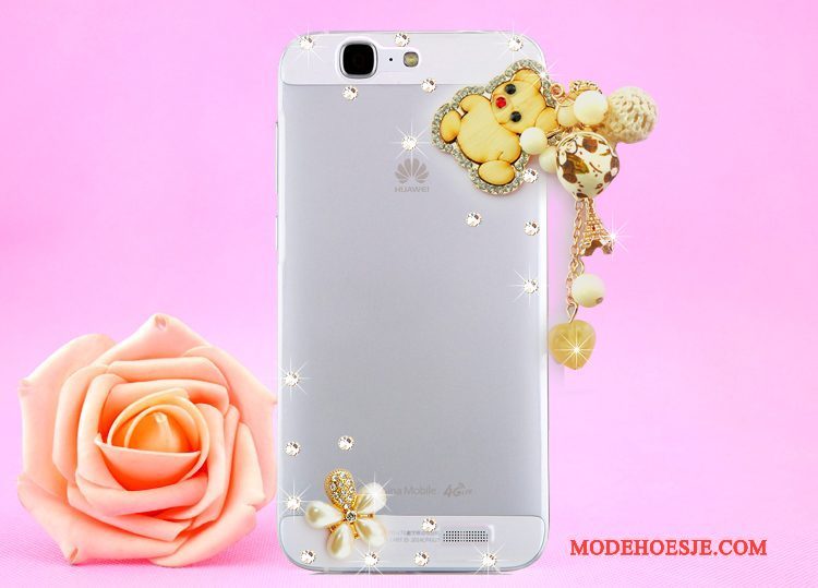 Hoesje Huawei Ascend G7 Strass Opknoping Nek Doorzichtig, Hoes Huawei Ascend G7 Bescherming Goudtelefoon