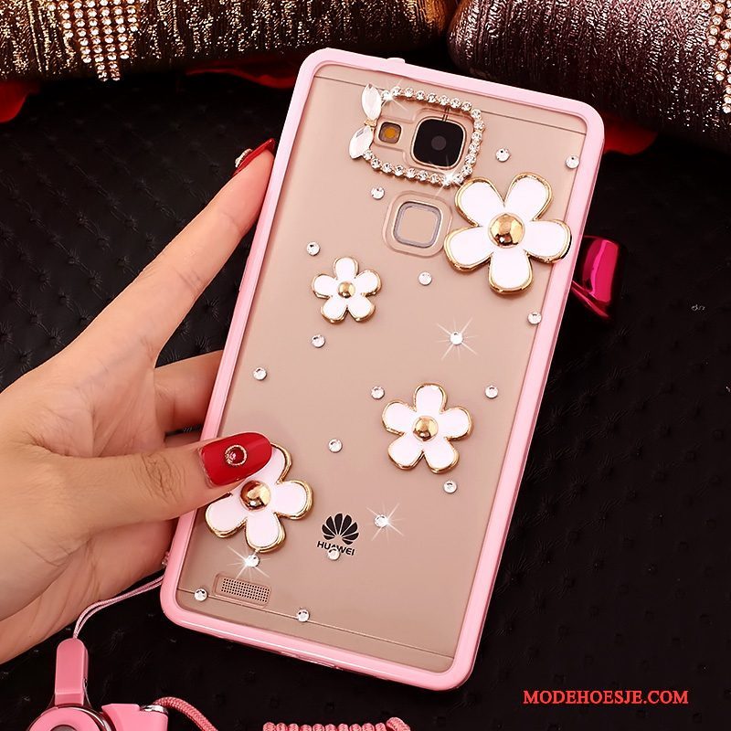 Hoesje Huawei Ascend Mate 7 Strass Roze Opknoping Nek, Hoes Huawei Ascend Mate 7 Zacht Trendtelefoon