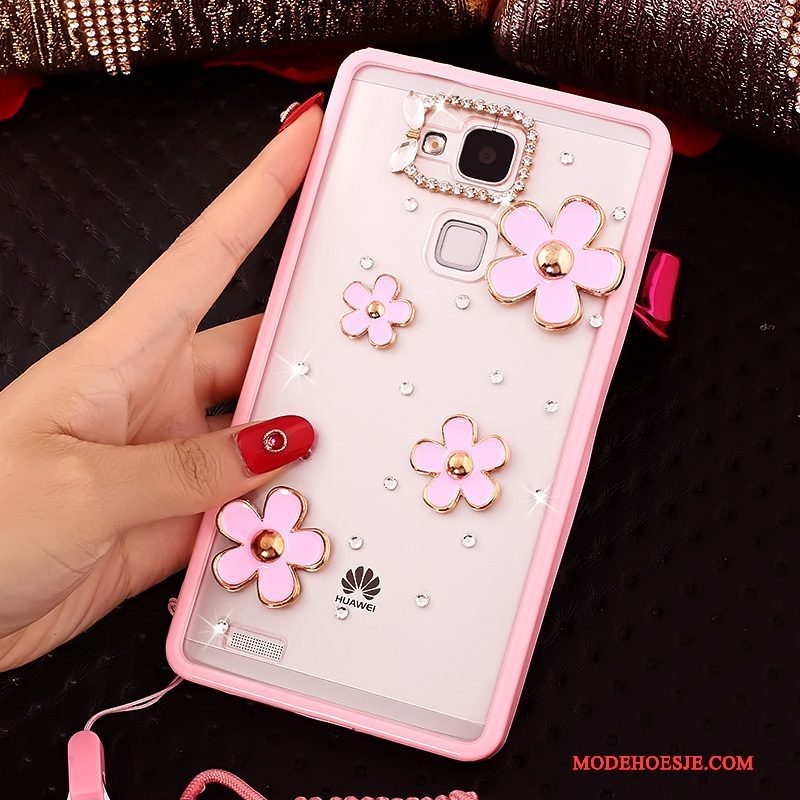 Hoesje Huawei Ascend Mate 7 Strass Roze Opknoping Nek, Hoes Huawei Ascend Mate 7 Zacht Trendtelefoon