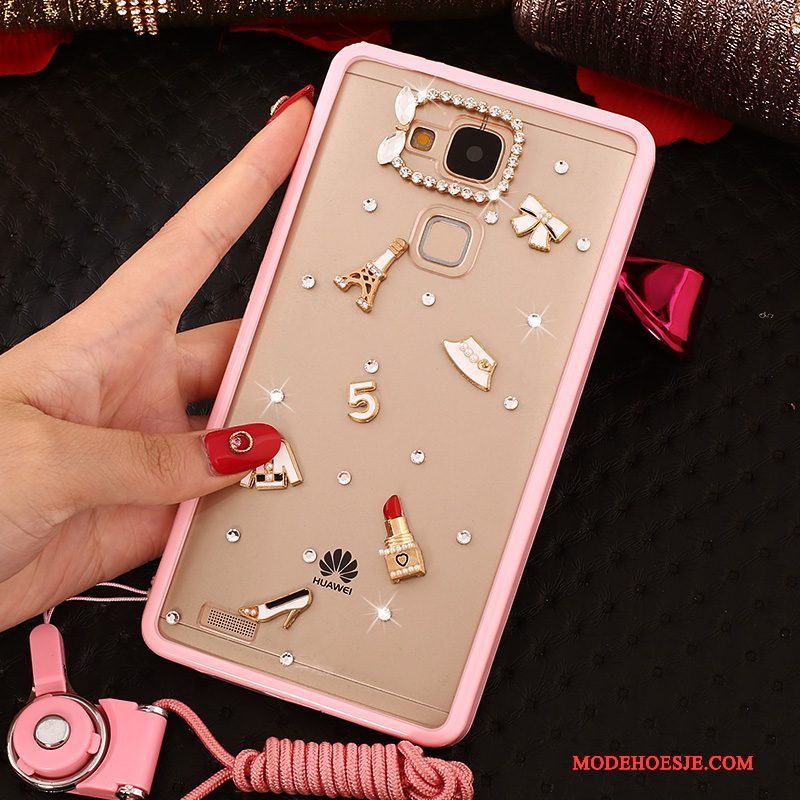 Hoesje Huawei Ascend Mate 7 Strass Roze Opknoping Nek, Hoes Huawei Ascend Mate 7 Zacht Trendtelefoon