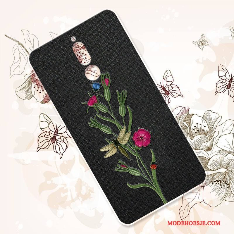 Hoesje Huawei Mate 10 Lite Zacht Anti-fall Bloemen, Hoes Huawei Mate 10 Lite Siliconen Zwarttelefoon