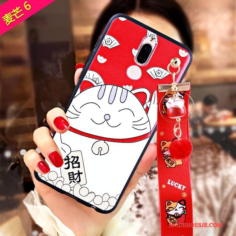 Hoesje Huawei Mate 10 Lite Zacht Telefoon Rood, Hoes Huawei Mate 10 Lite Reliëf Kat Rijkdom