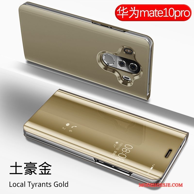 Hoesje Huawei Mate 10 Pro Bescherming Telefoon Spiegel, Hoes Huawei Mate 10 Pro Leer Goud Anti-fall