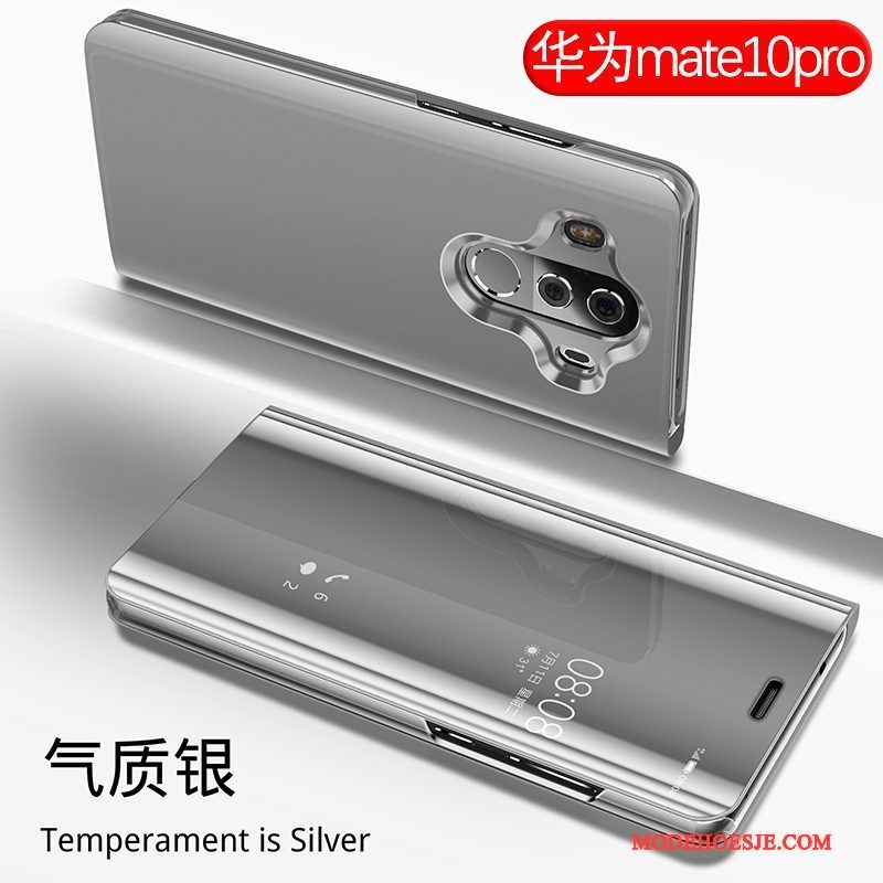 Hoesje Huawei Mate 10 Pro Bescherming Telefoon Spiegel, Hoes Huawei Mate 10 Pro Leer Goud Anti-fall