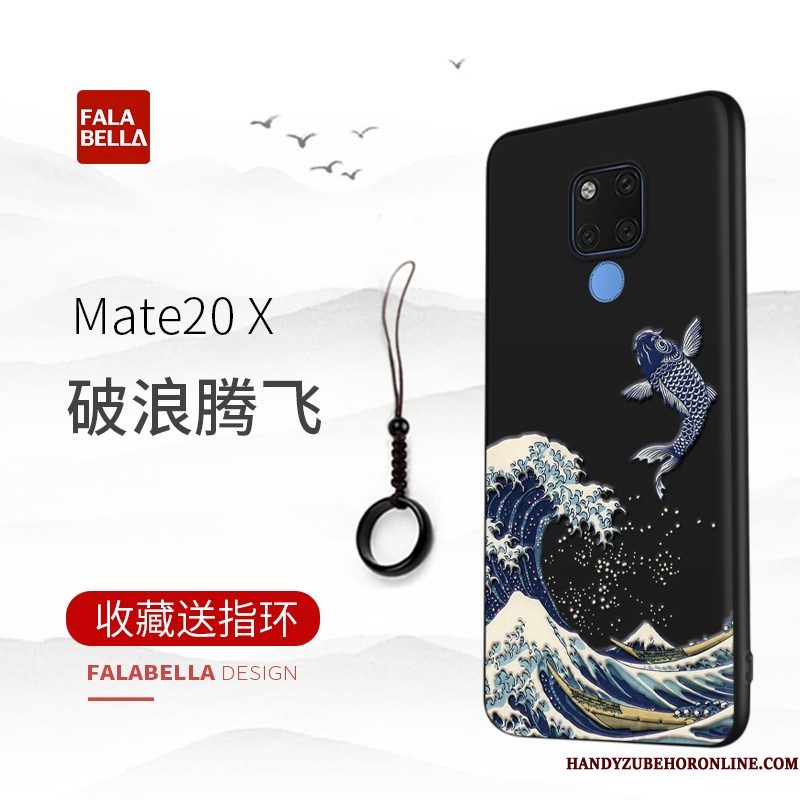 Hoesje Huawei Mate 20 X Reliëf Zwart Echte, Hoes Huawei Mate 20 X Bescherming Duntelefoon